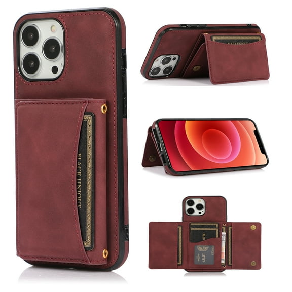 SaniMore Case for iPhone 14 Pro 6.1" 2022, [Flip Wallet with Card Slots] [Kickstand] [Shockproof & Anti-fall] Wear-resistant Retro PU Leather Rugged Cover For iPhone 14 Pro 6.1" 2022, Winered