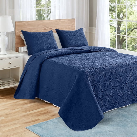 VCCOEM Quilt Set Full/Queen Size Lightweight Bedspreads, All Season Coverlet, 3 Piece (1 Quilt, 2 Pillow Shams), Coin Pattern, Navy Blue