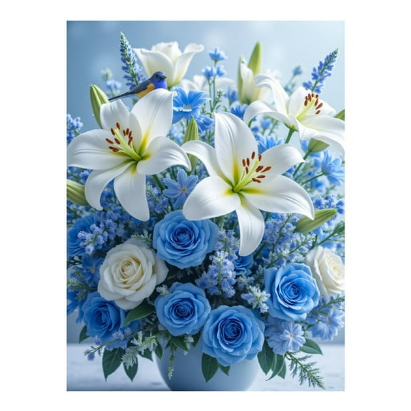 Diamond Art Kit for Adults, Blue White Flower Bouquet Bird Diamond Painting for Adults Beginners, DIY Diamond Art Painting Kits, 5D Diamond Painting Crafts for Home Decor 12x16 Frameless