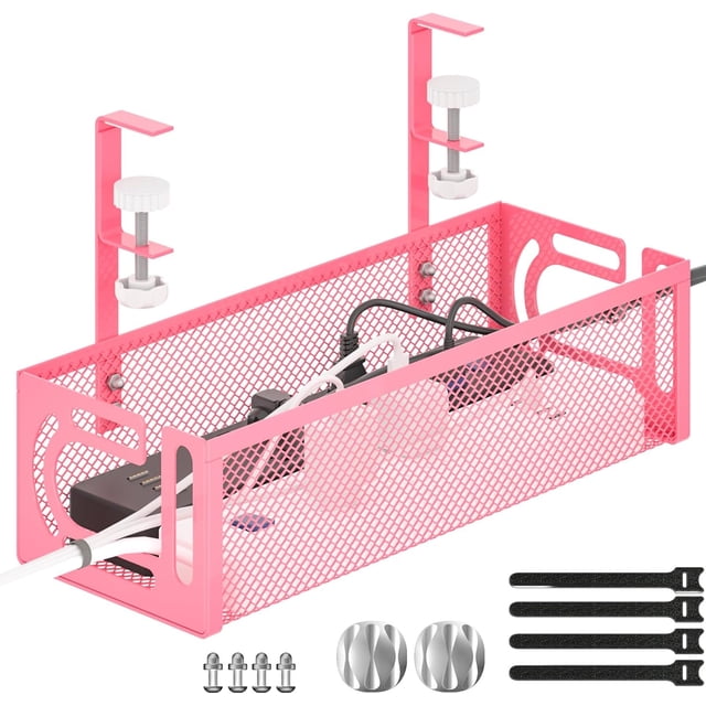 Under Desk Cable Management Tray, 15.7'' No Drill Steel Desk Cable Organizers, Wire Management Tray Cable Management Rack (1 Pack-Pink)