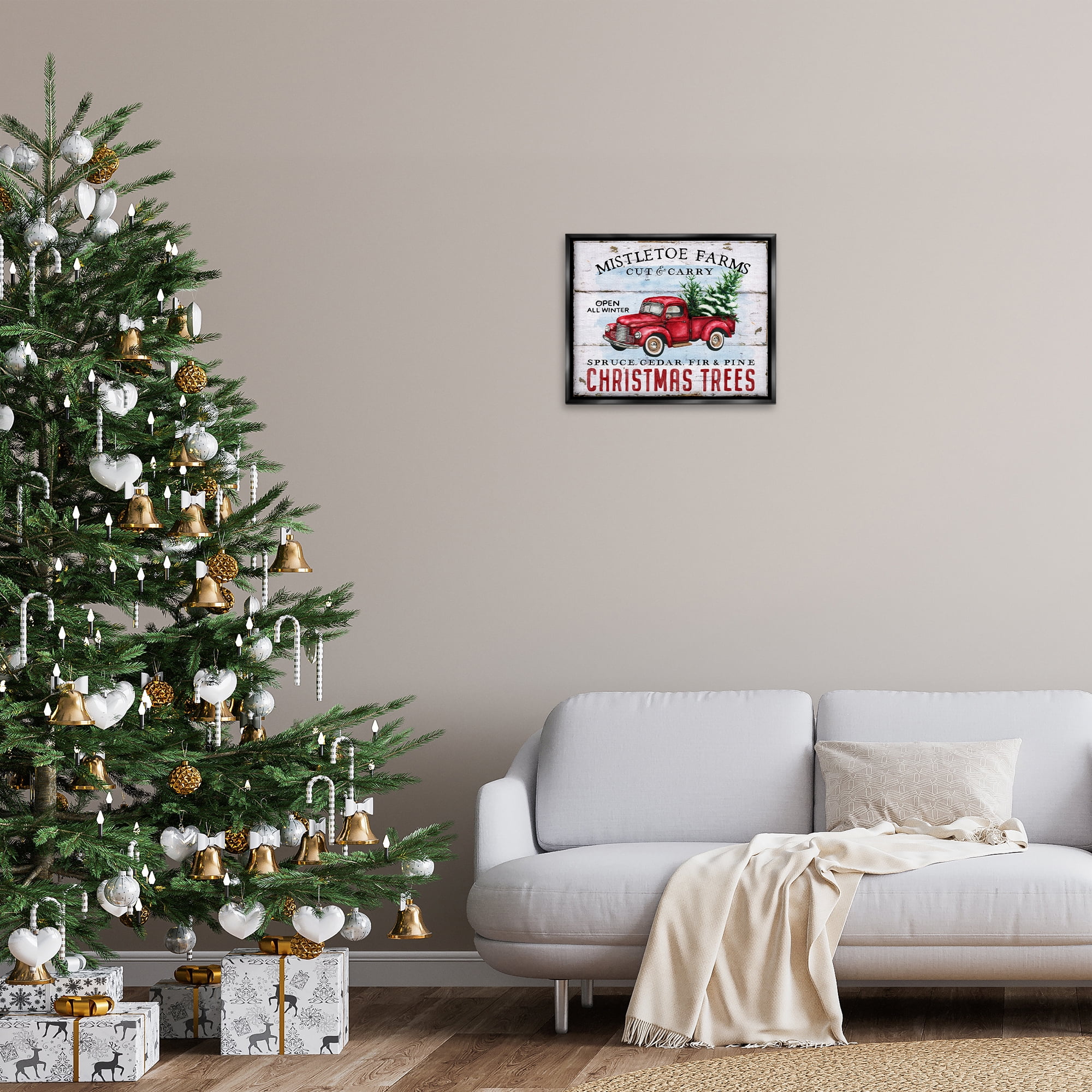 Stupell Industries Mistletoe Farm Trees Holiday Painting Black Floater Framed Canvas Art Prints Wall Art, 21 x 17