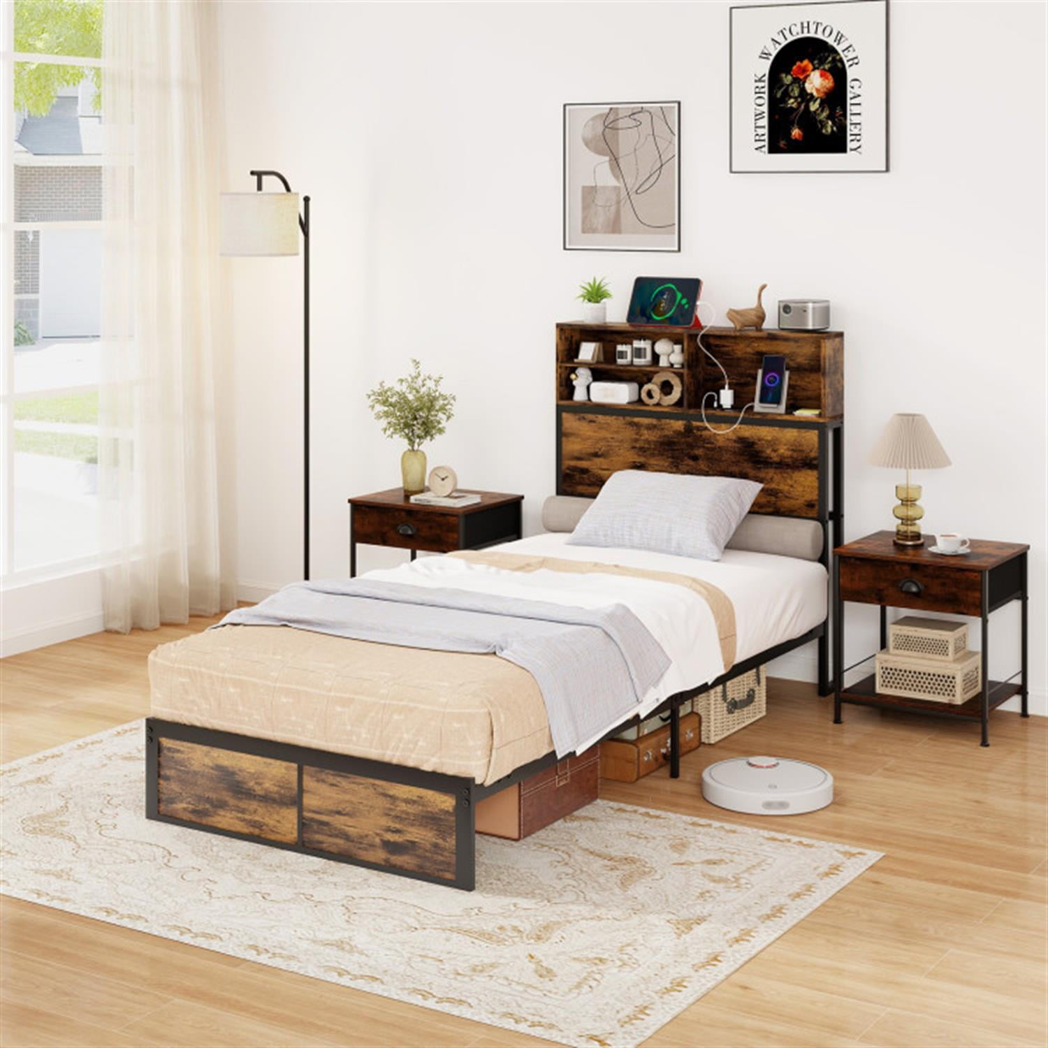 Demi Bonn Twin Size Bed Frame with Wooden Headboard and Footboard, Industrial Metal Platform Bed Frame with Under Bed Storage, No Box Spring Needed, Brown