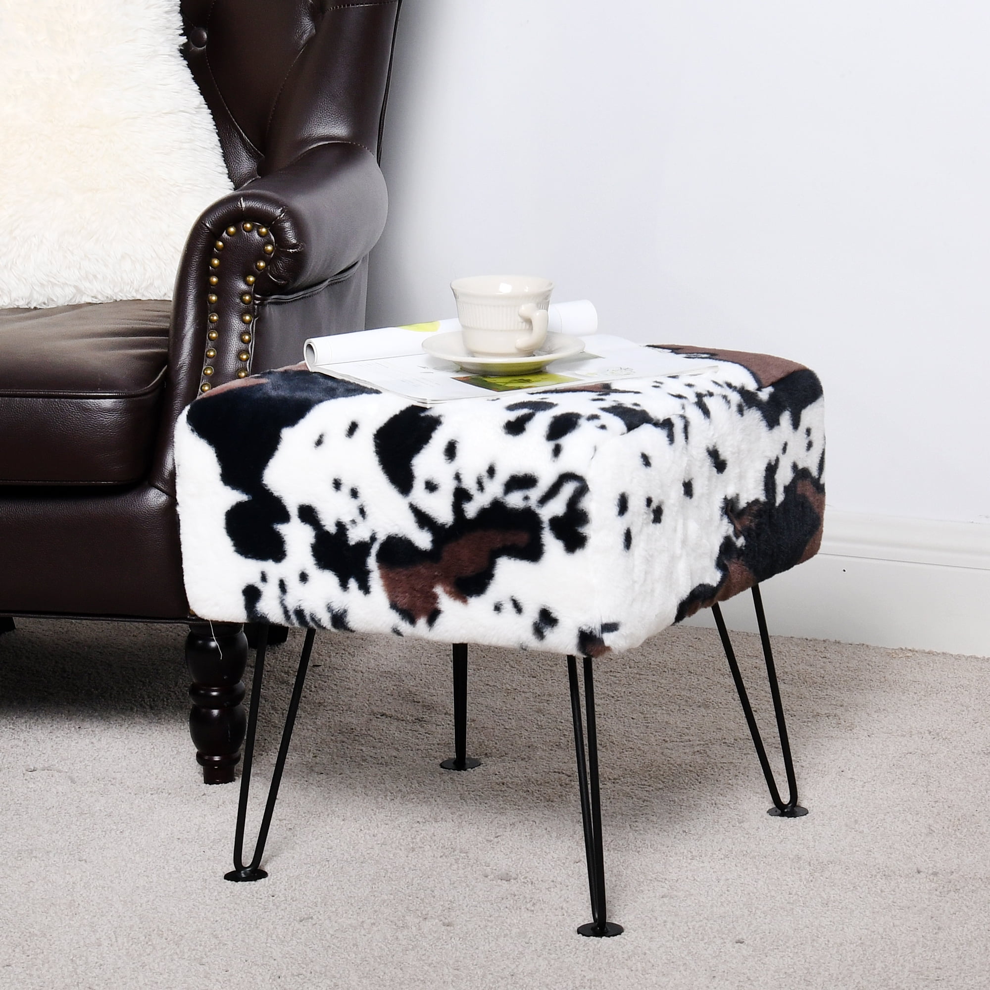 Home Soft Things Faux Fur Ottoman - Cows Flowers - Black Leg - 17x17x17"