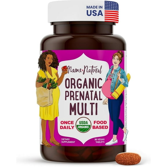 Mama Natural Organic Prenatal Vitamins for Women Vegan (30 Servings) | One A Day Prenatal Vitamins for Pregnant Women | Food Based, Non-GMO & Gluten-Free - Pre Natal Multivitamin with Folate