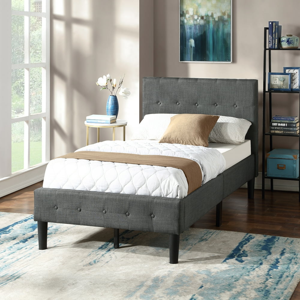 Modern Upholstered Platform Twin Bed Frame, Heavy Duty Twin Bed Frame with Headboard, Gray Twin