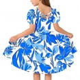 thumbnail image 4 of Casual Floral Dresses Girls Kids Puff Sleeve Cross Back Summer Dress Round Neck Trendy Aline Swing Outfits Blue, 8 Years, 4 of 7