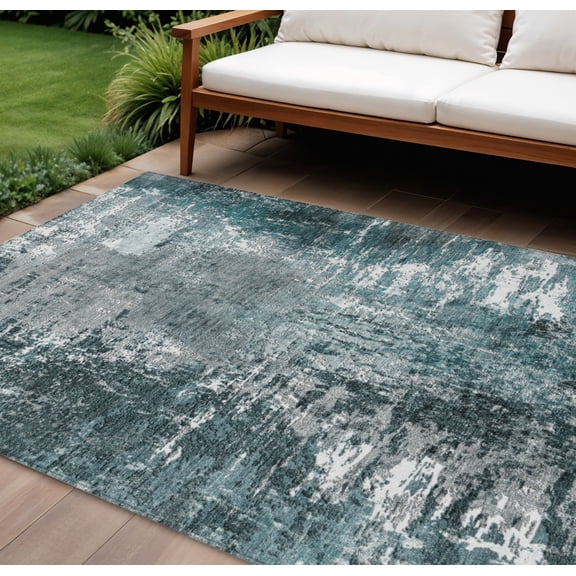 HomeRoots 582929 8 x 10 ft. Abstract Washable Indoor & Outdoor Rectangle Area Rug, Teal Blue, Gray & Charcoal
