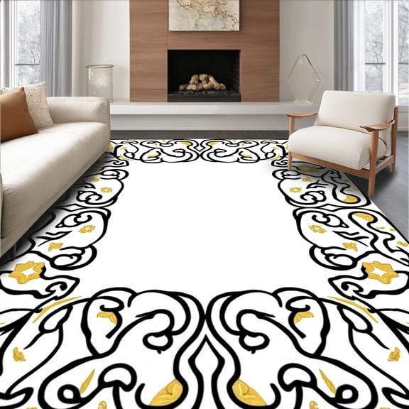 ODIKA 4'x6' Machine Washable Non-Slip Area Rug, Modern Metallic Swirls Black and Gilded High Traffic Rug, Gold, 289351