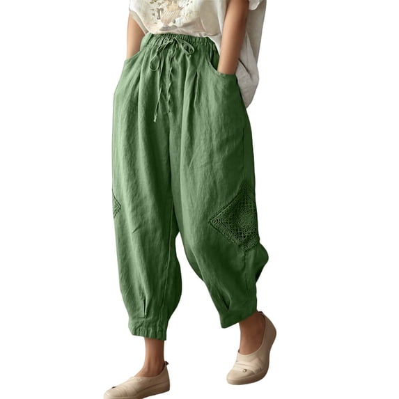 Conairie Women Linen Pants Straight Leg Elastic Waisted Casual Harem Pants With Drawstring Vacation Palazzo Trousers Outfits With Pockets Green XL