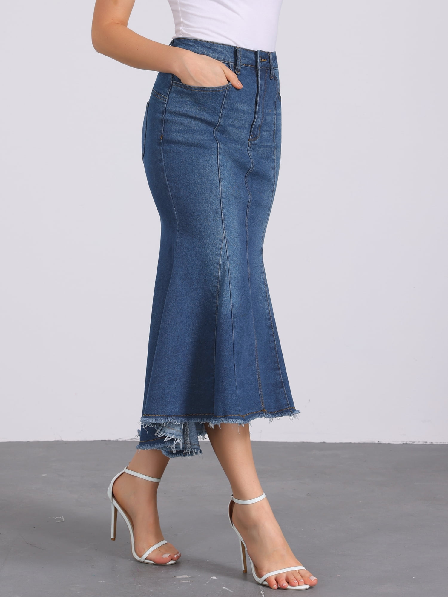DARING DIVA Women's Raw Hem Fishtail Midi Skirt with Pockets L Deep Blue