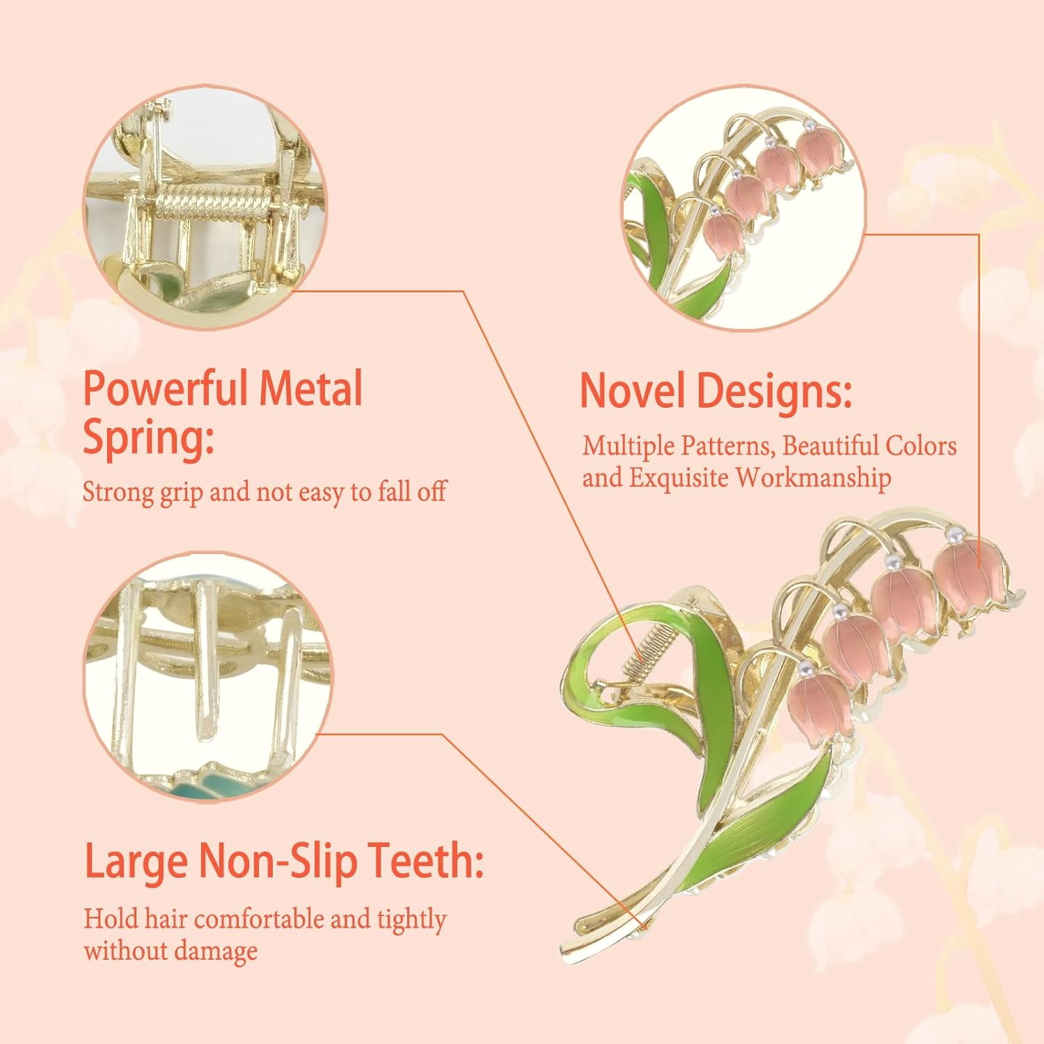 3-Piece Floral Metal Hair Accessories: Lily of the Valley Barrettes, Elegant Strong Hold Non-Slip Clamps for Thin/Medium Hair