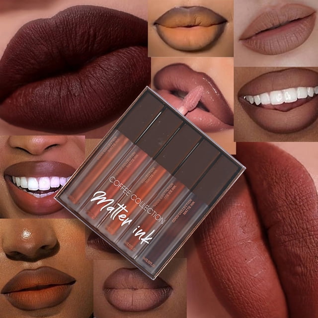 Combo de labios mate, 5 uds., juego de brillo de labios color café, resistente al agua, labios oscuros, juego de pintalabios color carne, tinte labial cosmético color carne, brillo de labios marrón