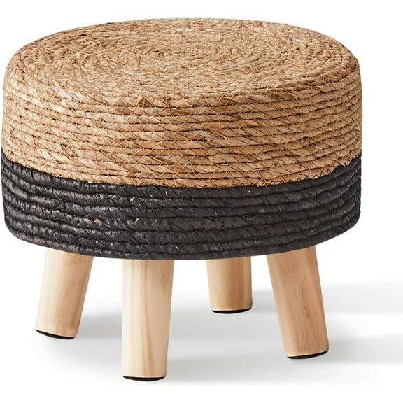 Foot Stool Natural Seagrass Hand Weave Poufs Round for Couch Desk Soft Step Stool Padded Foot Rest with Non-Skid Pine Legs for Hallway Office Lounge Natural/White