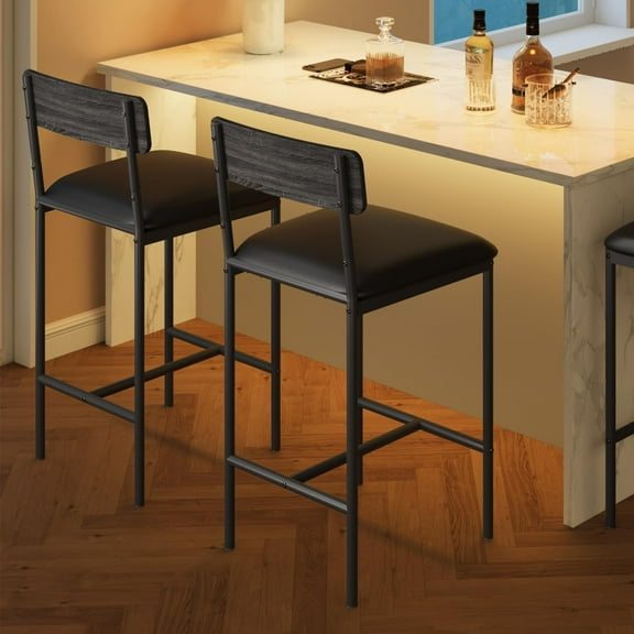 Bar Stools Set of 2, Upholstered Bar Chairs with Back, 25.5 Inches Kitchen Bar Stools with Footrest, Thick Cushion, Counter Height Barstools for Island, Counter Bar, Easy Assembly, Rustic Grey