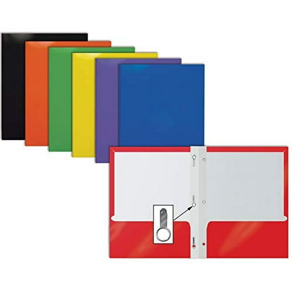 2 Pocket Glossy Laminated Paper Folders with Prongs, Assorted Colors, Letter Size, Paper Portfolios with 3 Metal Prong Fasteners, by Better Office Products, Box of 25-Assorted Colors (with prongs)