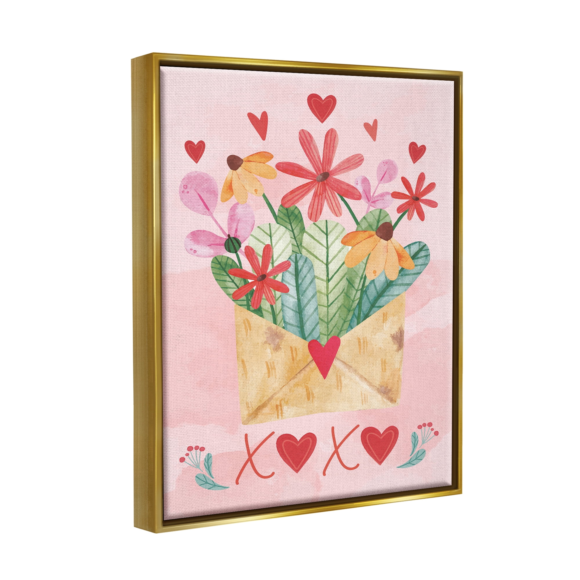 Stupell Xoxo Love Letter Floral Blooms Holiday Painting Gold Floater Framed Art Print Wall Art