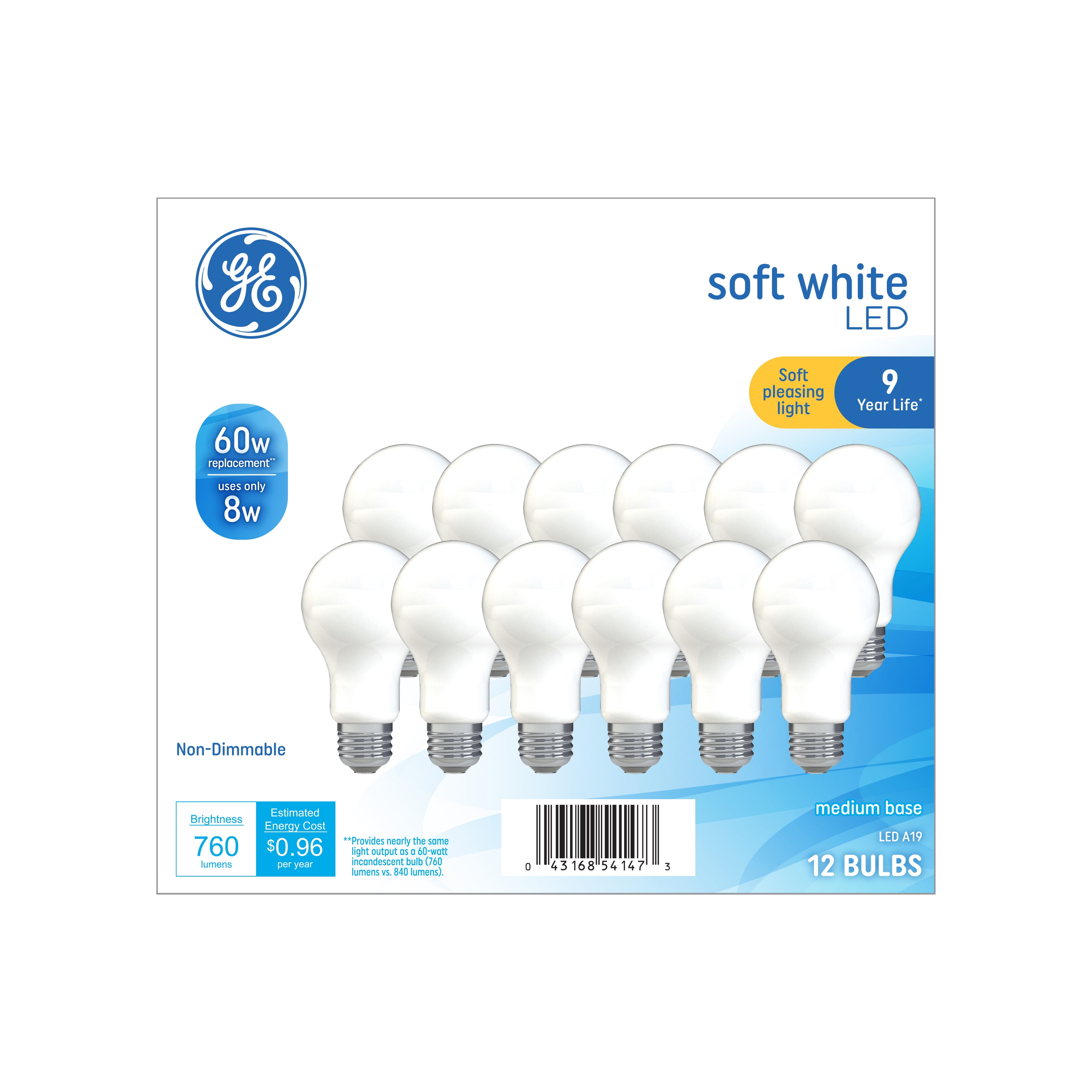 GE LED A19 9W Equiv Long Life Non-dimmable Soft White Light Bulbs 60W 8-PK 8 
