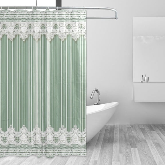 Stripes Pattern in Green with Lace Shower Curtains with 12 Hooks Waterproof Bathroom Decor 66" x 72"