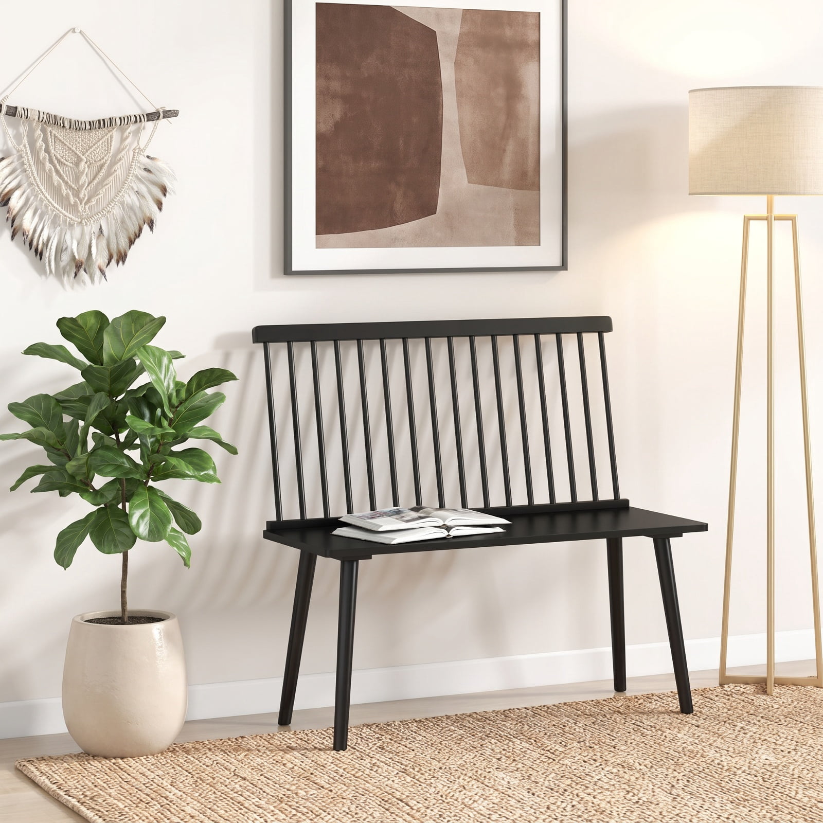 Furnibear Entryway Bench for 2 with Spindle Back for Kitchen Dining Room and Hallway