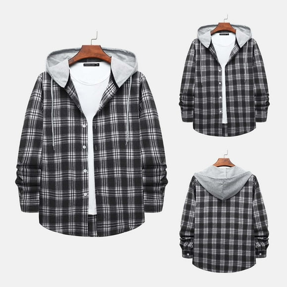 JURANMO Men's Plaid Shacket Long Sleeve Hooded Jacket Casual Flannel Brushed Lightweight Coat Comfy Button Down Shirts Lightning Deals Gray S