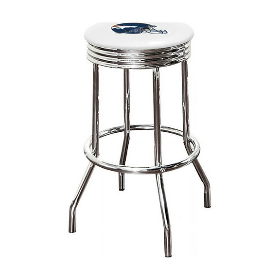 The Furniture King Bar Stool 29" Tall Backless Chrome Metal Stool Featuring Your Favorite Football Team Logo on a Colored Vinyl Swivel Seat Cushion Broncos Helmet on White