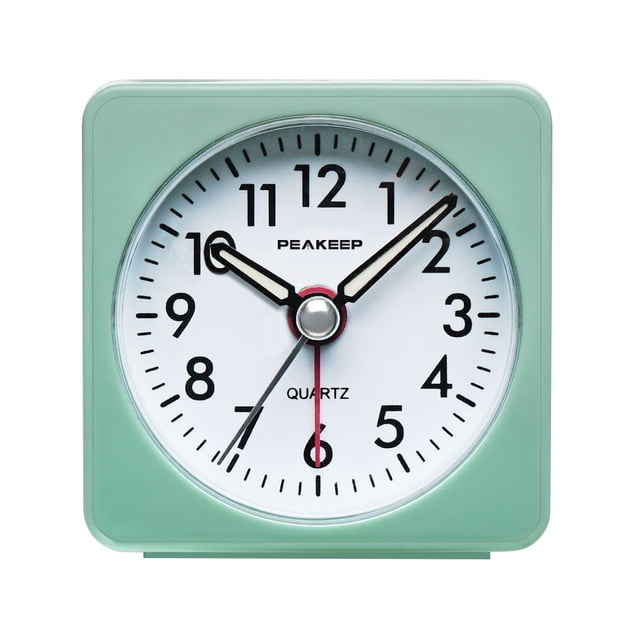 Peakeep Reloj despertador de viaje ultra pequeño con batería, función de repetición y luz, silencioso, cuarzo analógico sin tictac (aguamarina)
