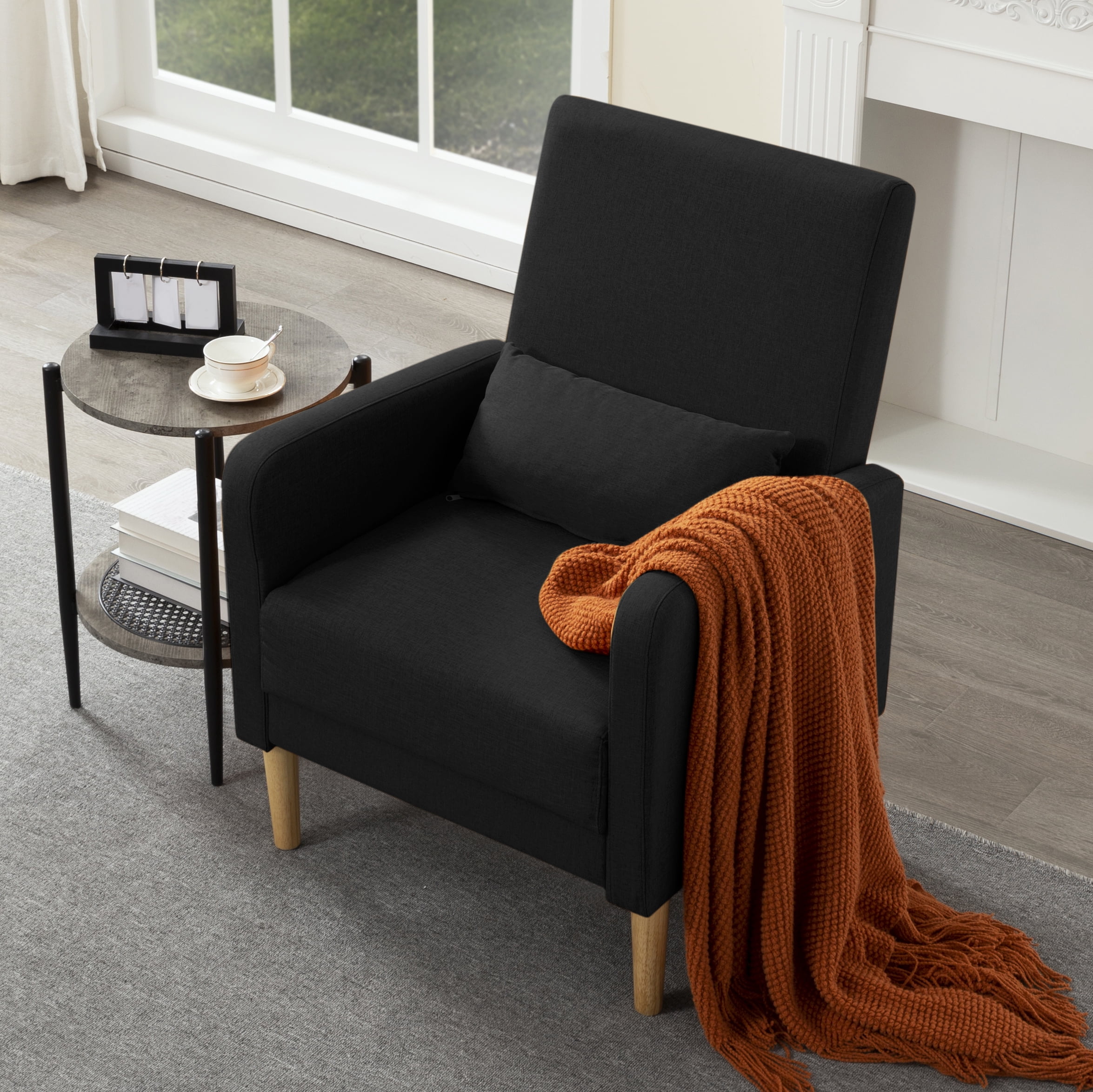 Gewnee 26.5”Modern Accent Chair,Linen Fabric Upholstered Comfy Single Chair with Solid Wood Frame & Pillow for Living Room,Apartments & Small Spaces.Black