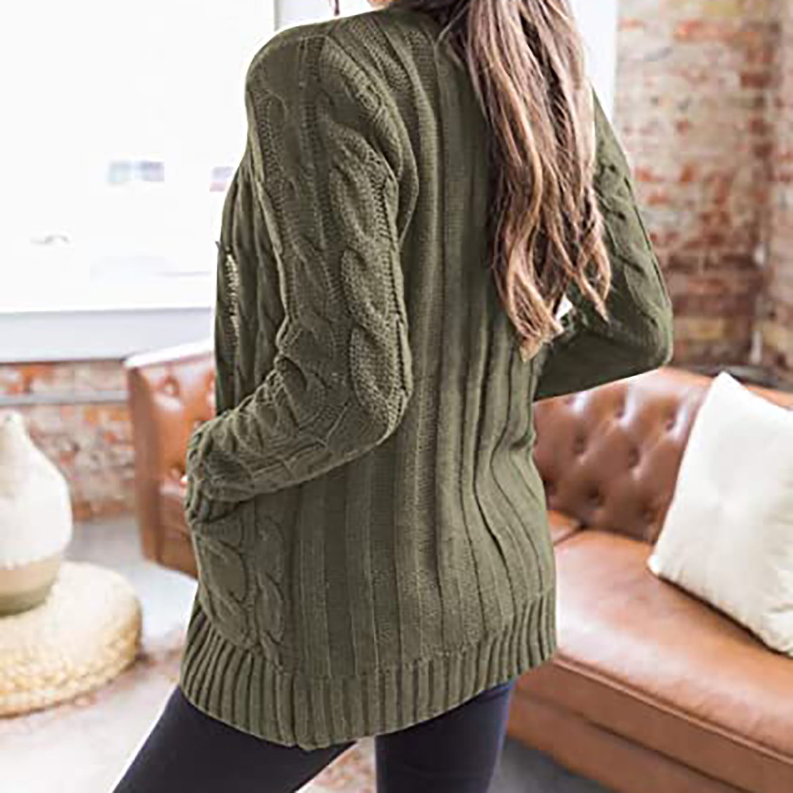 Cable Knitted Sweater Cardigans for Women Cozy Warm Open Front Button Down Jacket Outerwear with Pockets (XL, Green) - image 5