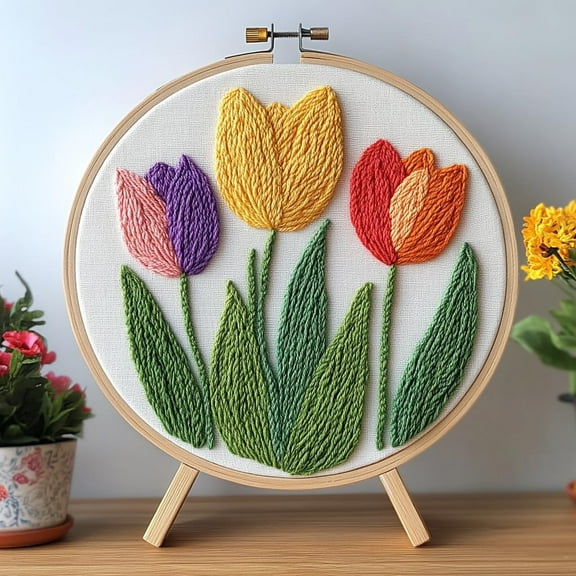 DIY Punch Needle Kits Tulips Flowers Easy for Beginners Punch Needle Embroidery Set with Hoop Stamped Pattern for Craft lovers and Home Decor-3