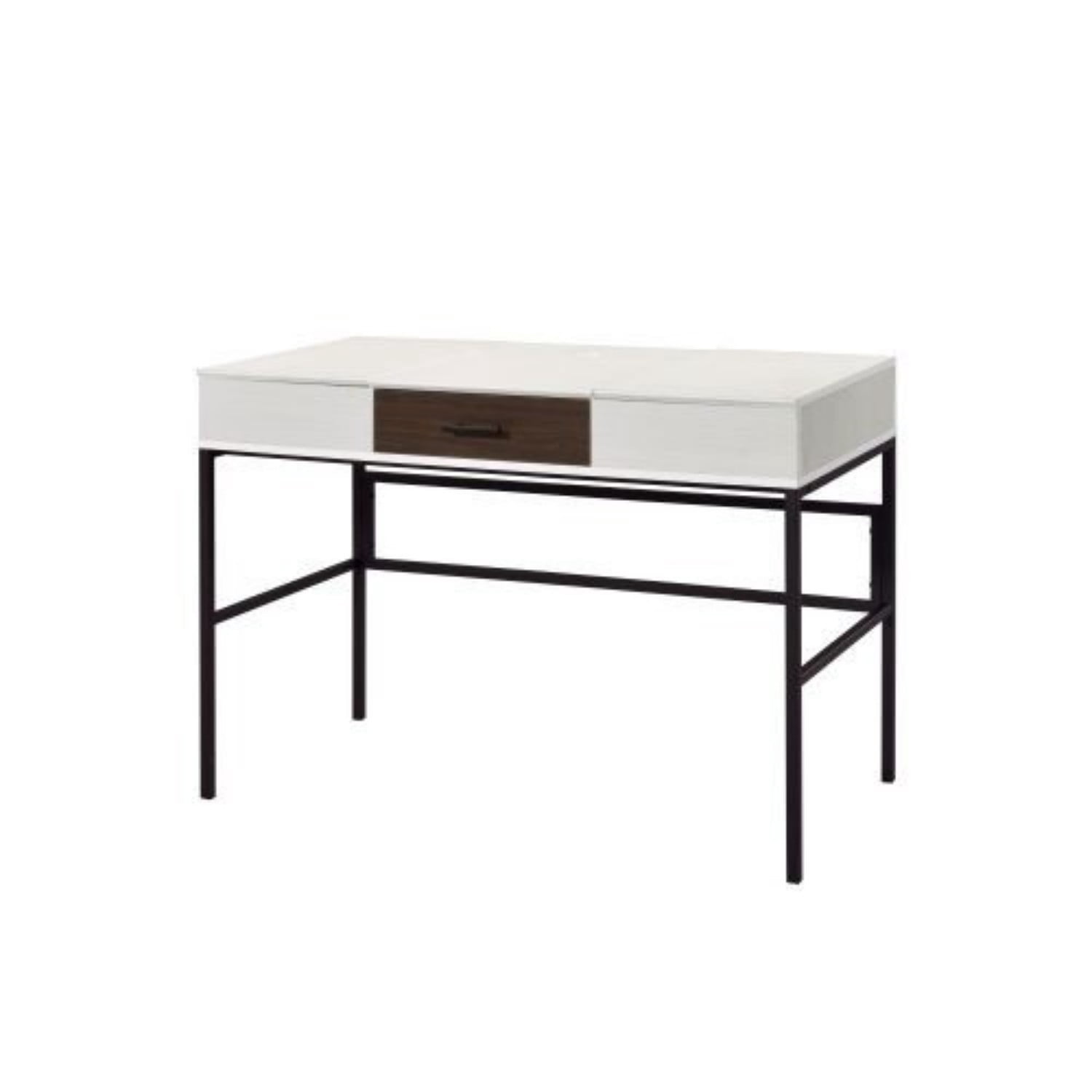 43" Modern Writing Desk with USB Charging Port, Natural & Black Computer Desk with Storage Drawer, Metal Base Office Desk with Side Shelves, Rectangular Study Table for Home Office