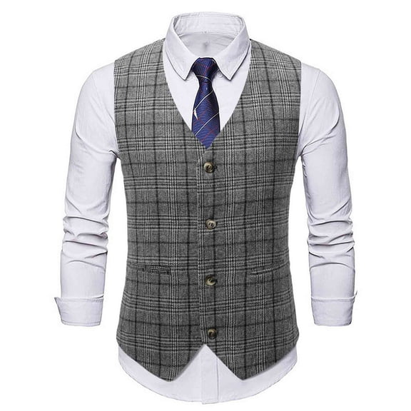 Holloyiver Men's Plaid Waistcoat Wool Blend Tailored Collar/V-neck Slim Fit Vest Suit Business Waistcoat Black