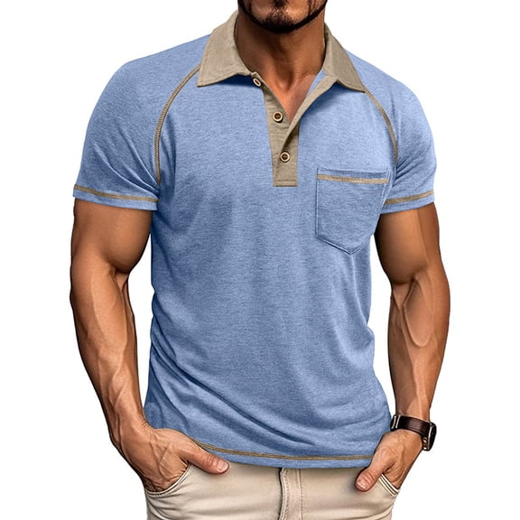 LWavelet Contrast Detail Pocket Men's Polo Shirt Versatile Perfect for Casual Gatherings and Everyday Wear Light Blue 3XL