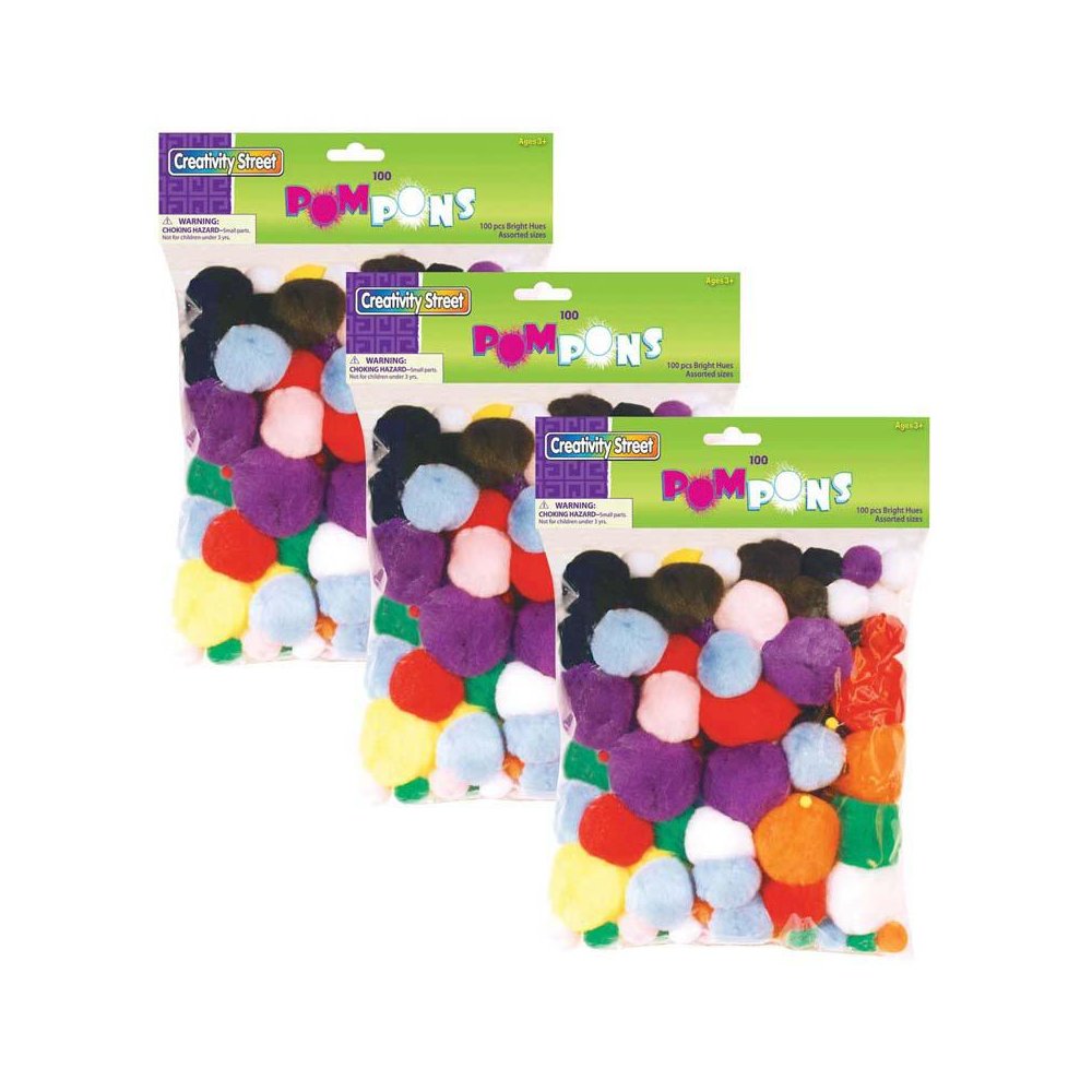 Pacon Creativity Street Pom Pons Bright Hues Assorted Sizes 100 Pieces/Pack 3 Packs (CK-811201-3)
