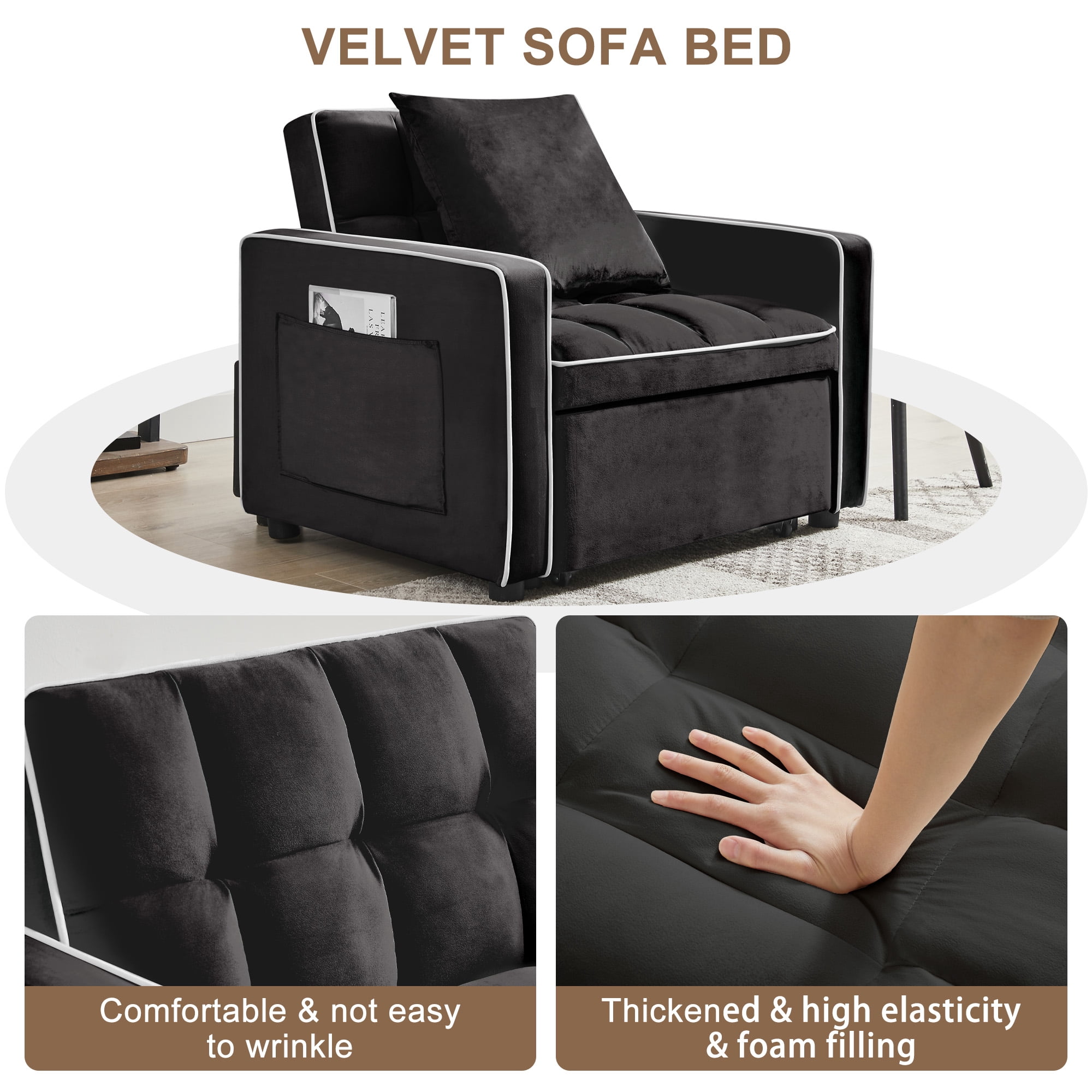 Aukfa Sleeper Chair Bed, Convertible Pull Out Sofa Bed for Living Room Apartment, Black