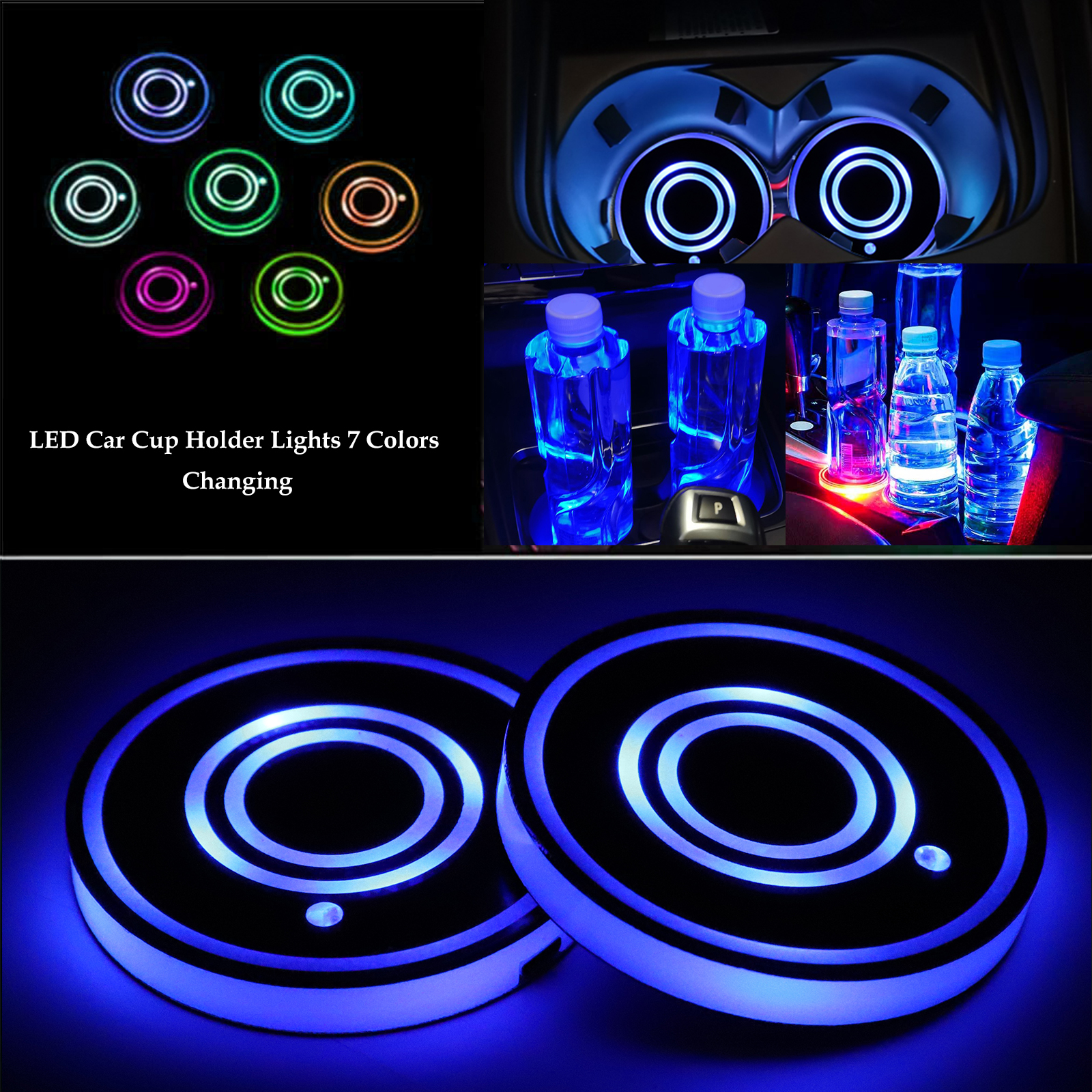 Car Cup Holder with RGB Les Lights Mini USB Rechargeable with Remote Control MASO 2x Colorful LED Car Cup Carpets Mat Pad With Waterproof Bottle Drinks Coaster Built-in Lamp 