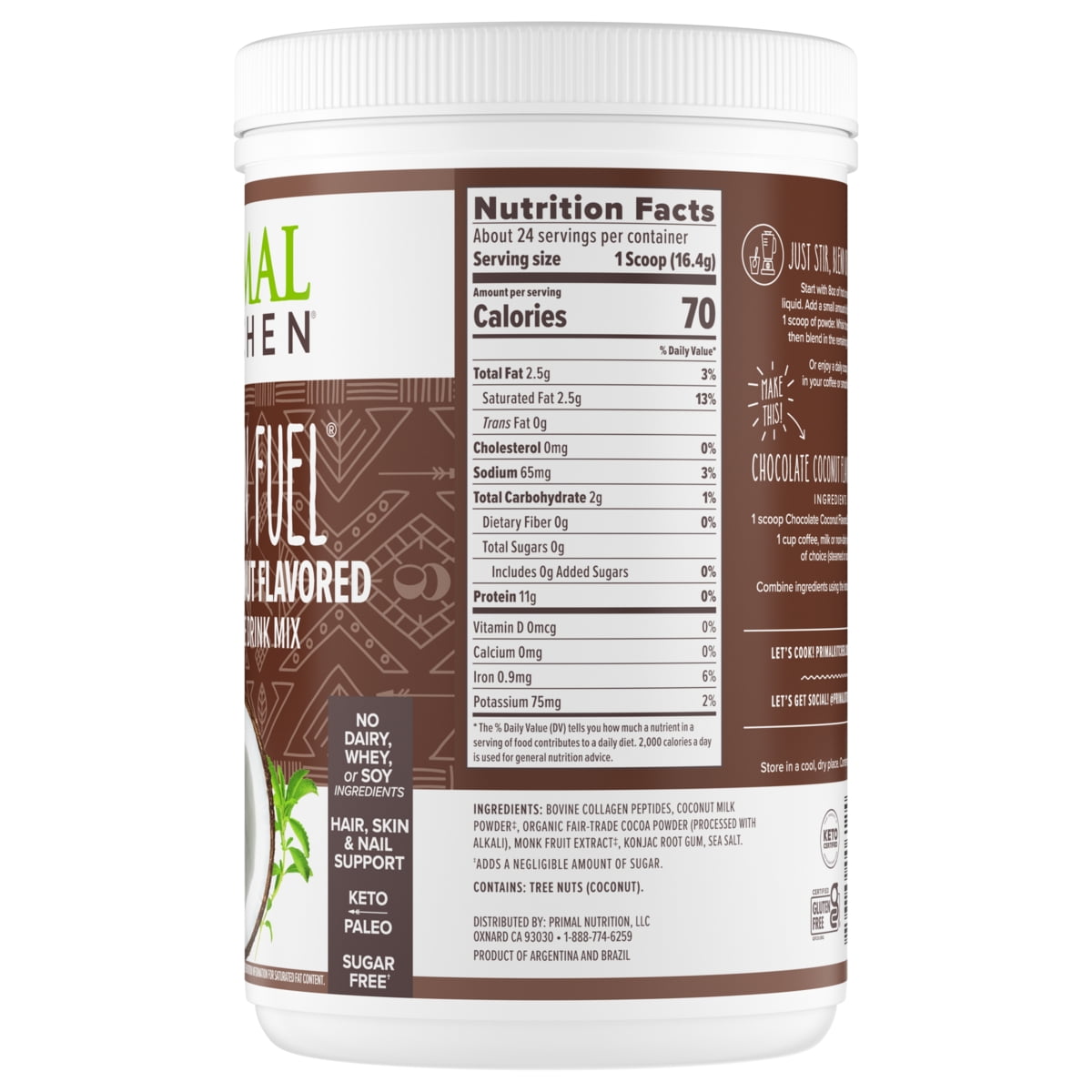 Primal Kitchen Collagen Fuel Collagen Peptide Chocolate Coconut Drink Mix 13.89 oz