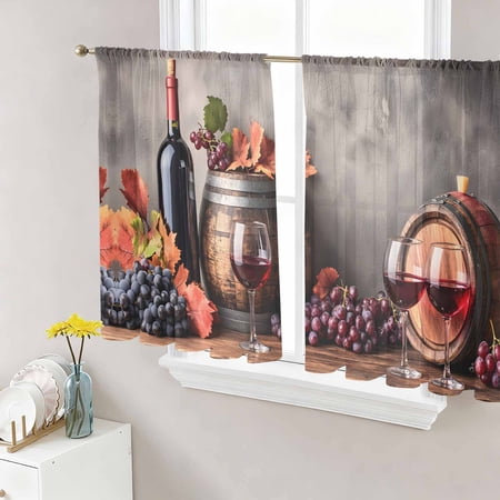 Purple Grapes Farmhouse Semi Sheer Curtains 54 Inch Length 2 Panels Set Vintage Cask Maple Leaf Sheer Kitchen Curtain Privacy Voile Window Curtain for Living Room Bedroom Rod Pocket Drapes
