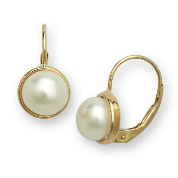14k Gold 8mm White F.W. Cultured Pearl Bezel-set Leverback Earrings (Yellow Gold Or White Gold) Stud Earring for Women