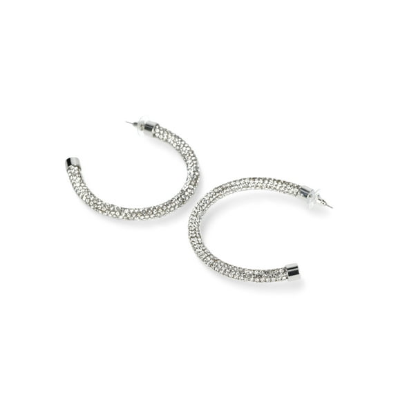 Madden NYC Women's Fashion Rhodium Pavé Tube Hoop Earrings