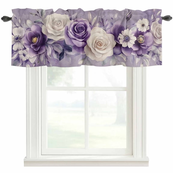 Purple White Rose Window Valance Curtain Watercolor Flowers Rod Pocket Short Curtain for Living Room, Bedroom & Kitchen Window Decor 60x18in