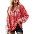 thumbnail image 1 of MITCOWBOY Hauts pour Femmes Col en V Noué Décontracté Imprimé Mode Chemise Décontractée Manches Longues Chemises pour Femmes Chemises en Lin pour Femmes Rouge m Liquidation!, 1 of 7