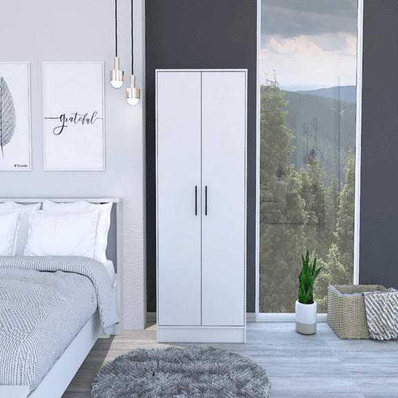 We Have Furniture 180 Armoire Beery, Double Door, Metal Rod, One Drawer, White Finish