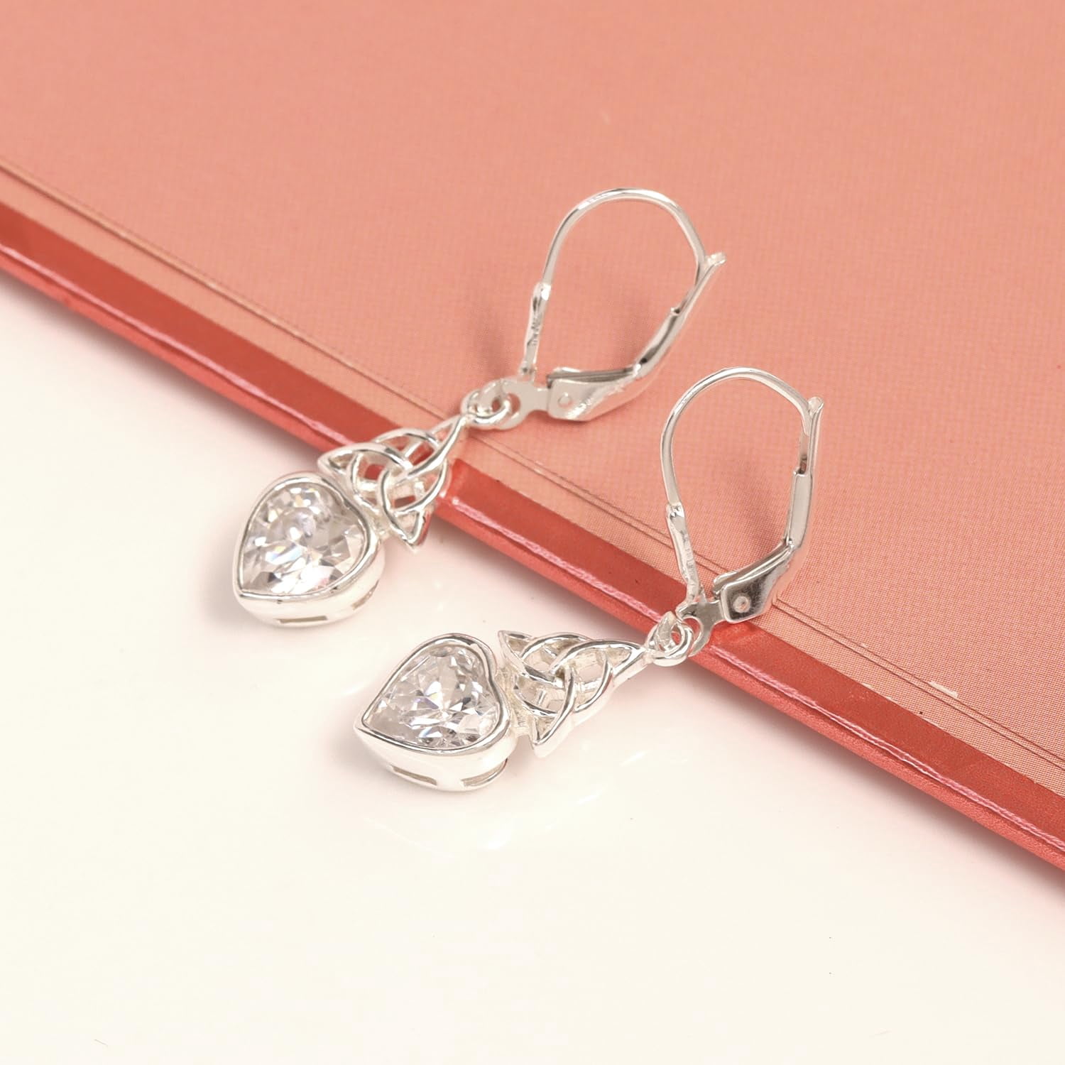 LeCalla 925 Sterling Silver Celtic Knot Earrings | Heart-Shaped CZ Leverback Earrings