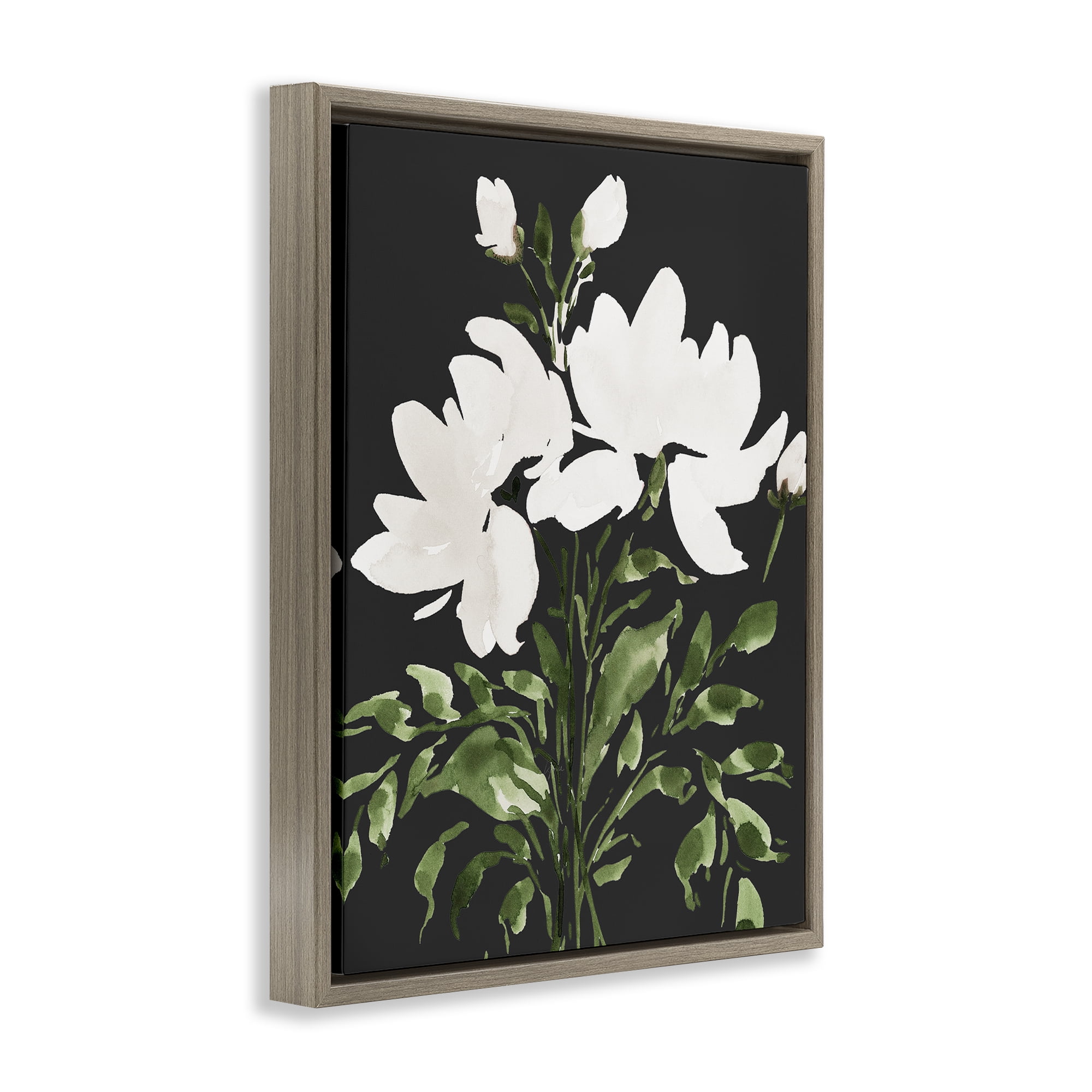Stupell Industries White On Black Floral Brown Framed Floater Canvas Wall Art, design by Lucille Price