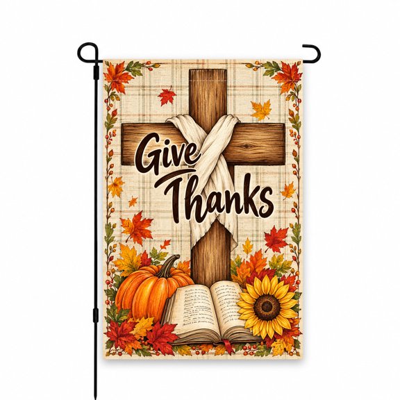 Autumn Give Thanks Garden Flag with Cross, Pumpkin, Sunflower & Fall Leaves Design, 12 x 18 Inch for Yard or Porch Outdoor Decor