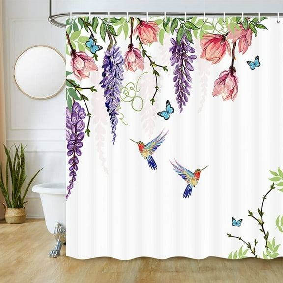 Floral Fabric Shower Curtain, Tropical Flowers Butterflies Wisteria Shower Curtain for Bathroom, Hummingbird Bathroom Curtain with Hooks 69 x 70 Inch