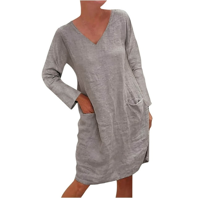 Robe à Manches Longues en Coton et Lin pour Femmes, Col en V, Couleur Unie, Décontractée, Automne, Ample, Confortable, Midi, avec Poches