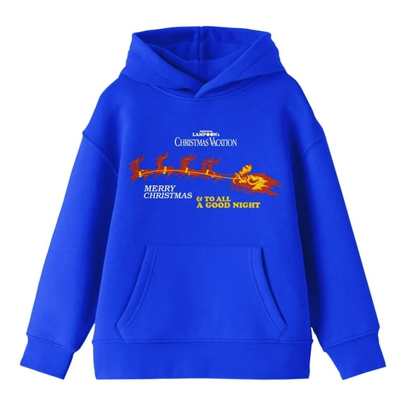 National Lampoon's Christmas Vacation Merry Christmas and To All a Good Night Sleigh and Reindeer Youth Royal Blue Graphic Hoodie-Medium