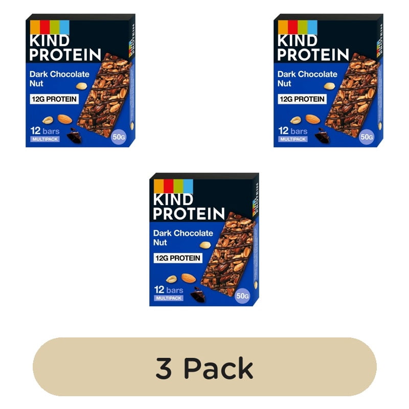 KIND Protein Dark Chocolate Nut Snack Bars Multipack 12 x 50g, British Import (Pack of 3)