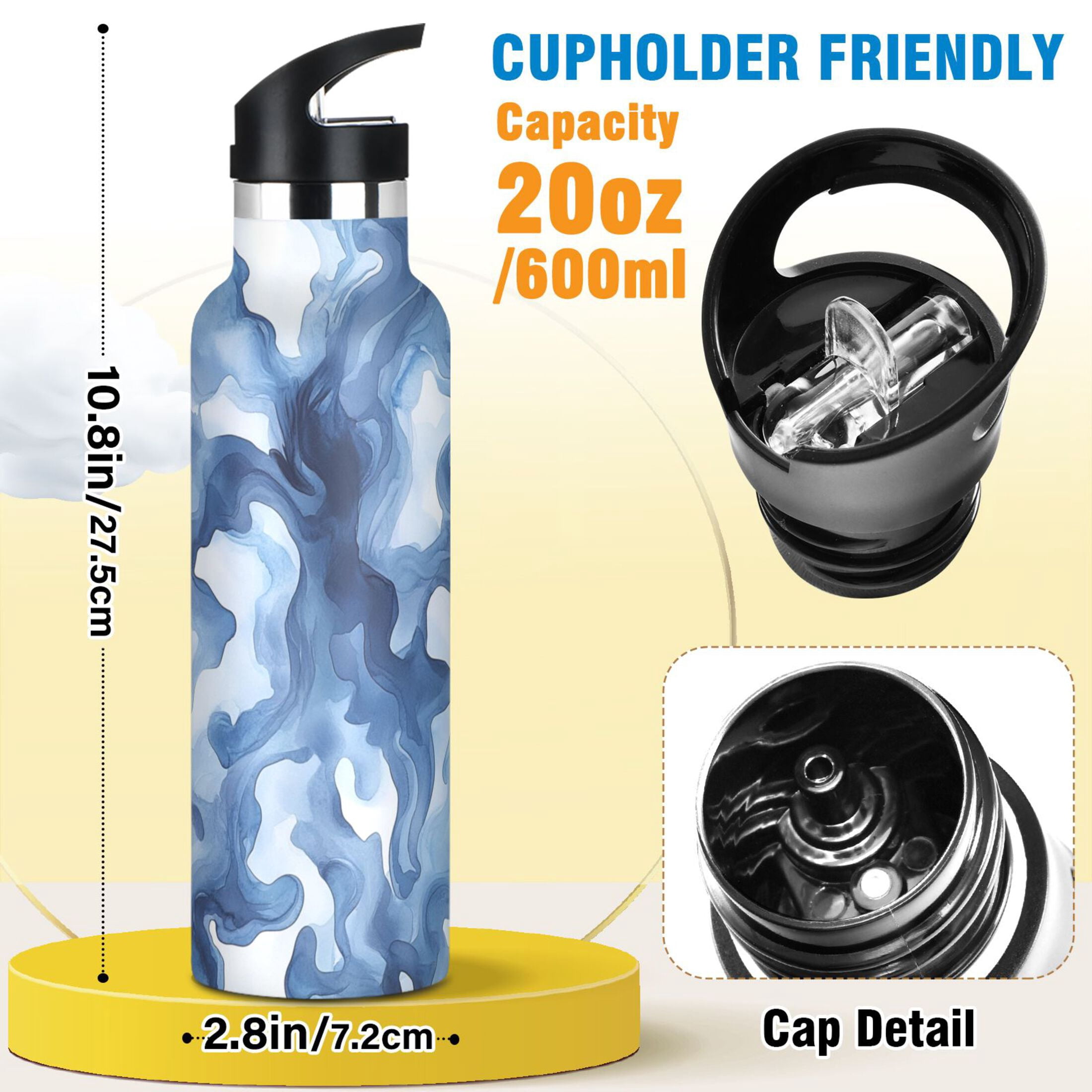 Kids Insulated Stainless Steel Sports Water Bottle 600ml (20oz) Watercolor Indigo Waves